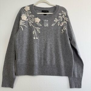 NWT Tahari 100% 2 PLY Cashmere Sweater Women XL Pullover Embroidery In Gray